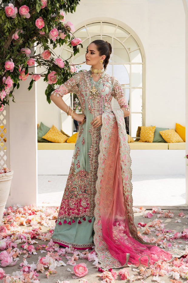Nikah Bridal Dress In Aqua Green Color By Elan.Work Emballished With Tilla,Dhaga,Pearls,Sequance And Beeds Work.