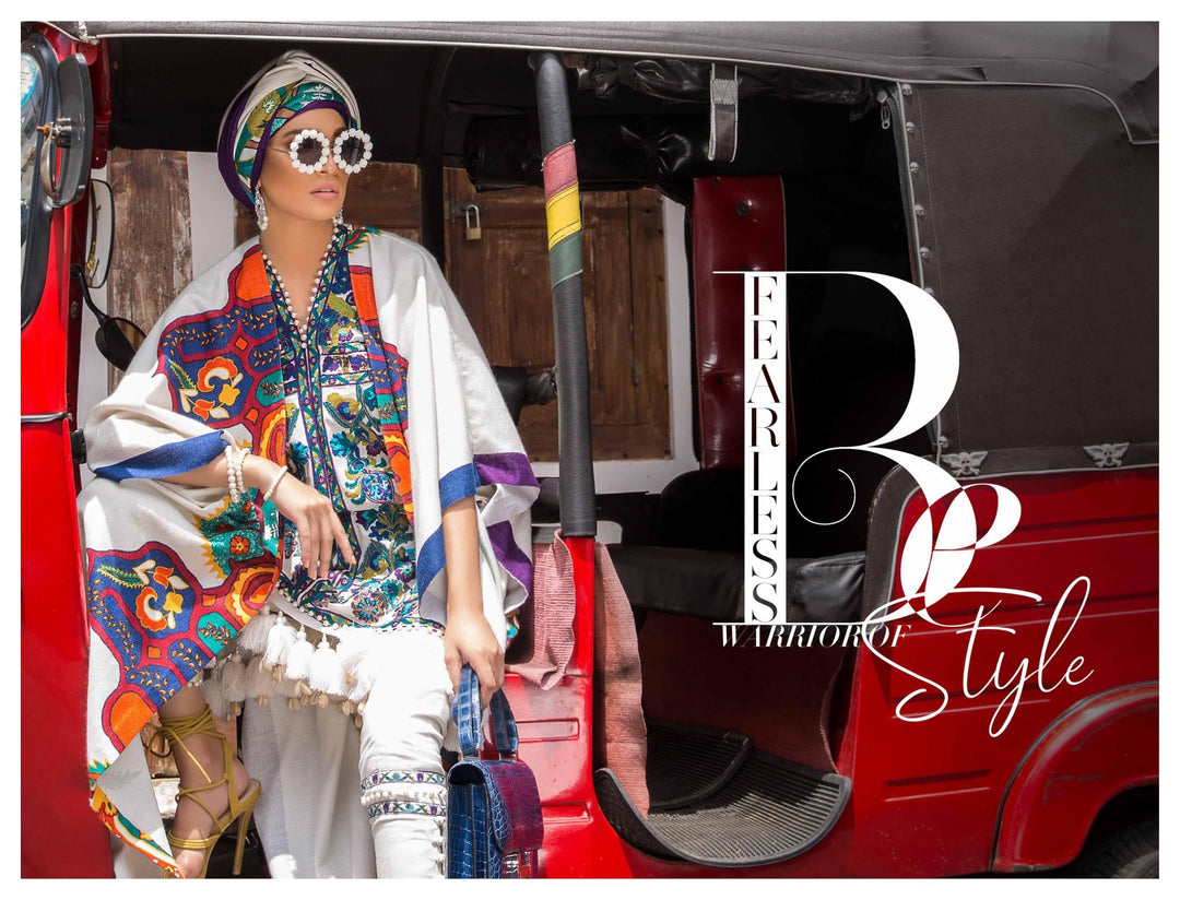 Pakistani Designer Clothes by Sana Safinaz In Off White Color Work Embellished With Multi Threads Embroidery And Wool Shawl