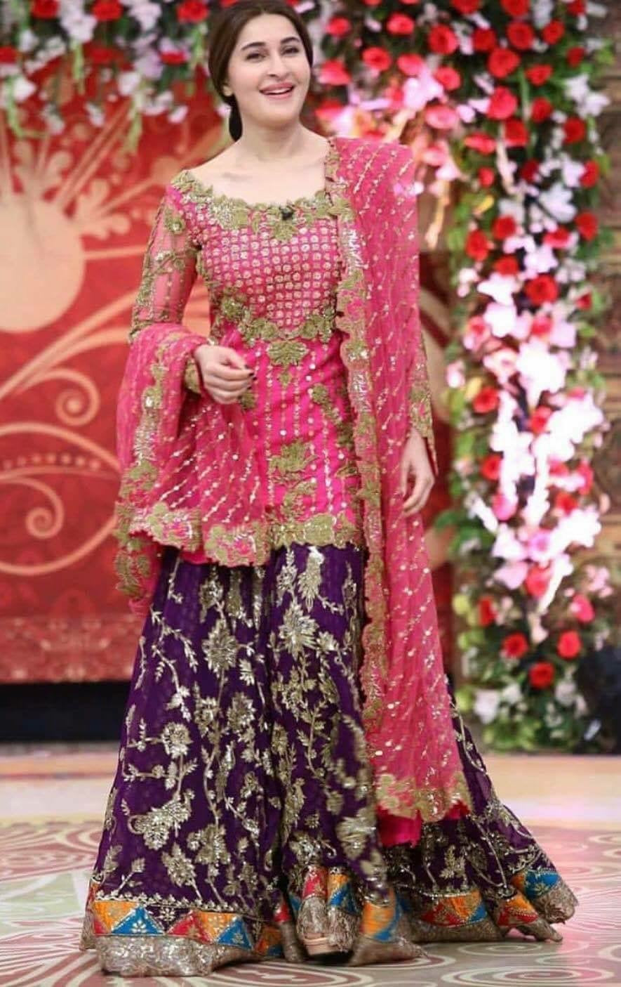 Beautiful bridal dress in shoking pink and dark purple color