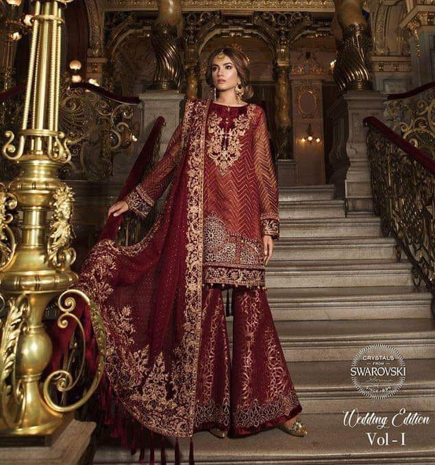 Dulhan Dress In Maroon Red Color With Short Shirt And Sharara With Threads,Sequance,Tilla Embroidery Handwork  And Cutwork .