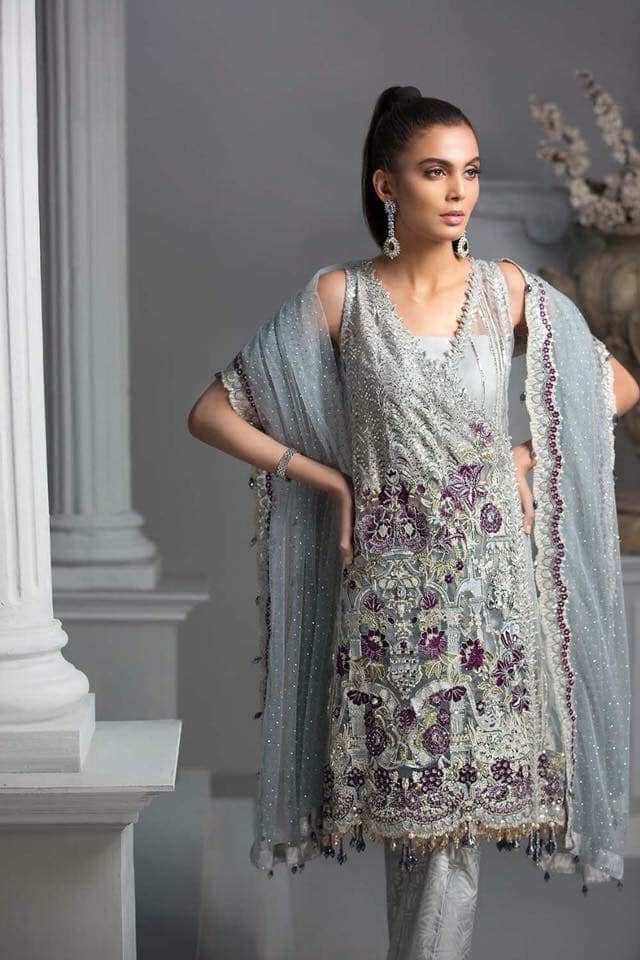 Fancy Party Wear in Light Gray Color.With Tilla Threads Embroidery And Pearls Sequance Work.