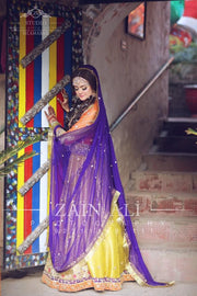 Stylish Mehndi Attire In Orange Green And Purple Color.Work Embellished With Dabka Zari And Gota Work.