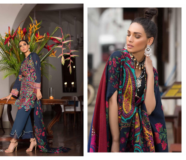 Pakistani Fashion Wear 2018 by Sana Safinaz in Dark Blue Color.Work Embellished With Pure Multi Threads Embroidery And Woolen Shawl.         