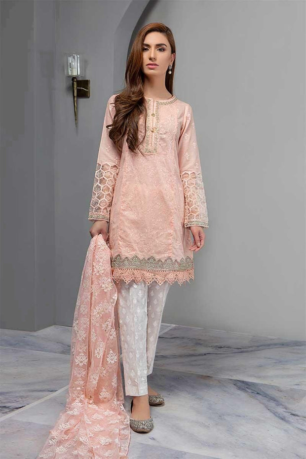 Pink Cutwork Dress By Maria B.Work Embellished With Threads Embroidery Tissue Dhaga Work Patches And Cutwork.