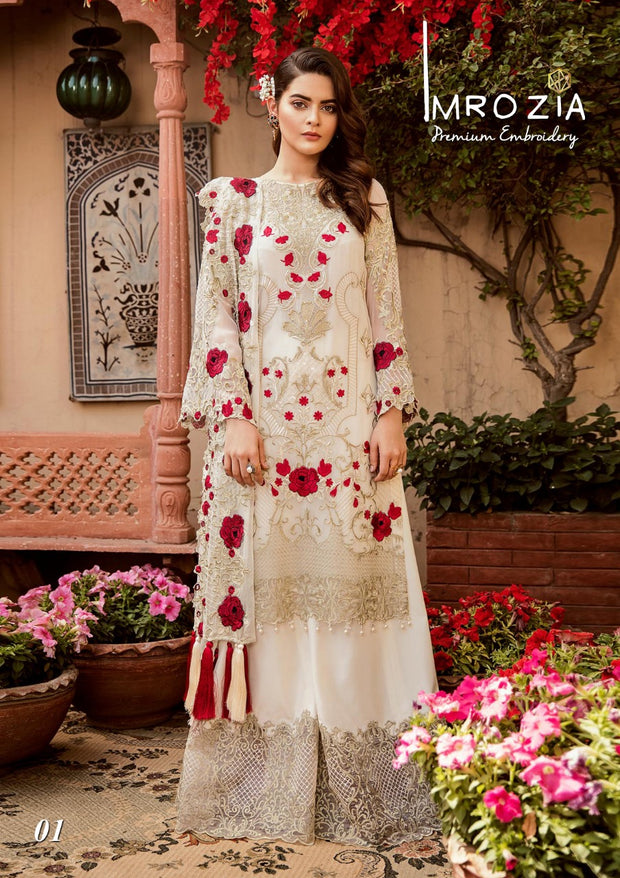 Floral Off White Dress by Imrozia.Work Embalished With Pure Dhaga And Tilla Embroidery.