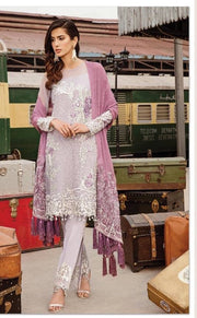 Punjabi Chiffon Suit In Light Gray Laylac Color.Work Embellished With Silver Tilla Threds Work And Sequance.