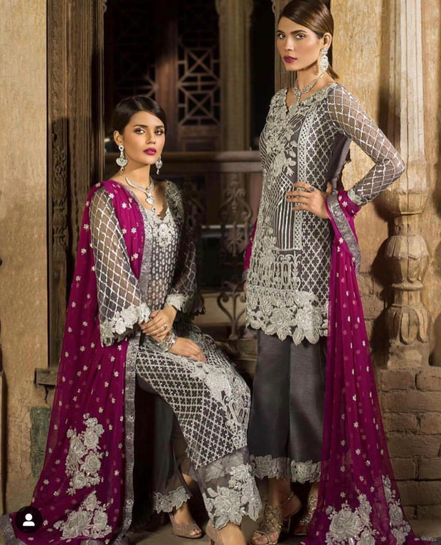 Stylish Desi Dress In Gray And Shoking Pink Color.Work Embellished With Sequance Silver Tilla Embroidery And Patches Work.