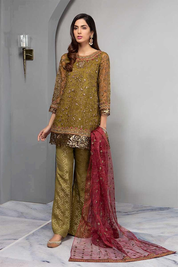 Eid Stylish Outfit In Mehndi Green And Maroon Color.Work Embalished With Tilla,Sequance & Sone Work.