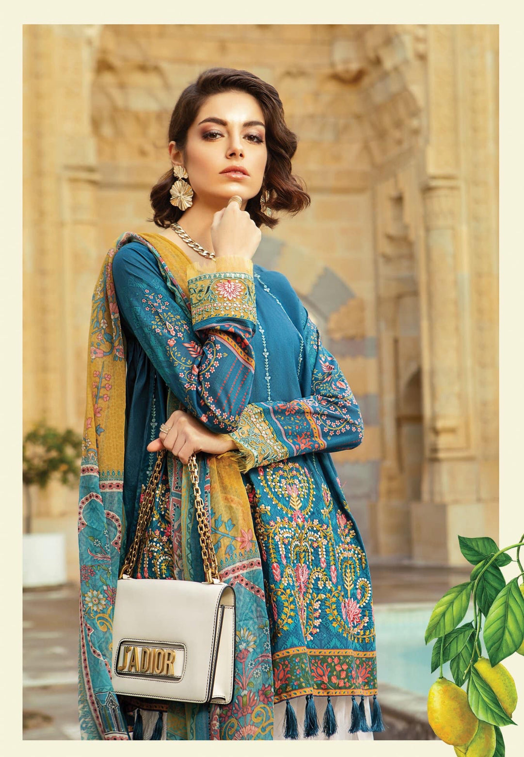 Pakistani Lawn Dress by Maria B In Dark Blue Color.Work Embellished With Pure Threads Embroidery.