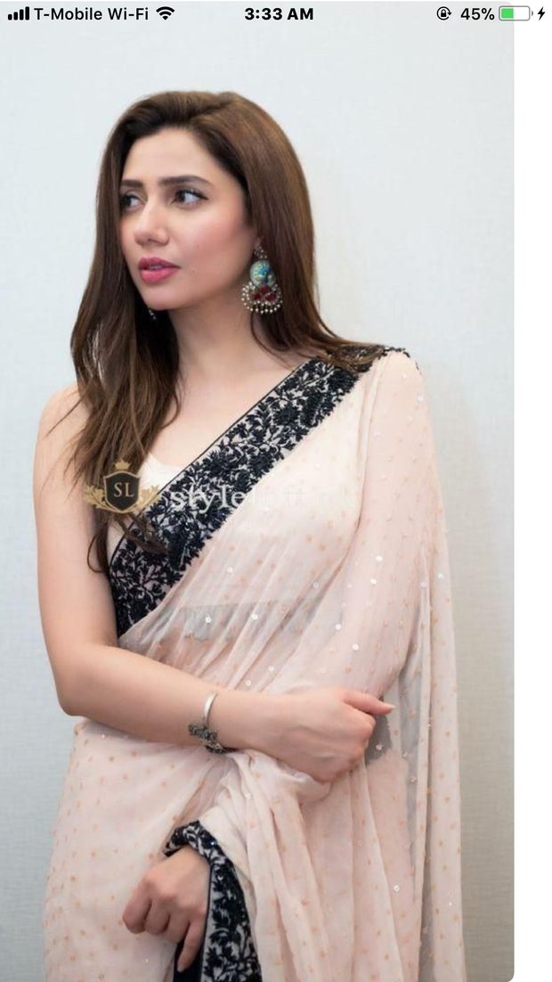 Stylish Indian Saree In Light Baby Pink Color.Work Embalished With Black Threads Embroidery And Sequance Borders.In Middle Of Saree All Sequance Work.