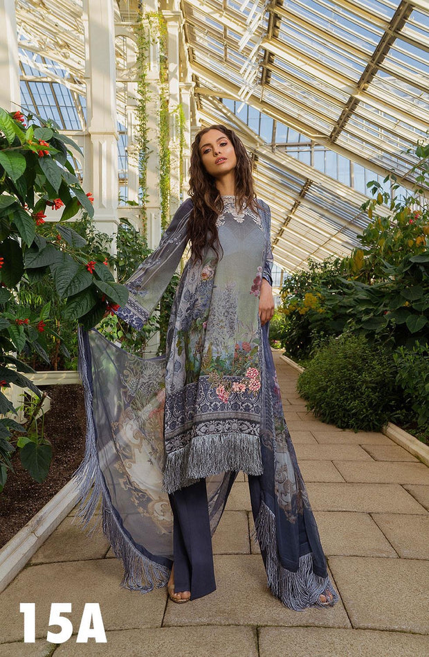 Gray Lawn Dress By Sobia Nazir.With Stylish Long Shirt And Boot Pants.Work Embellished With Three D Print And Dhaga Embroidery.
