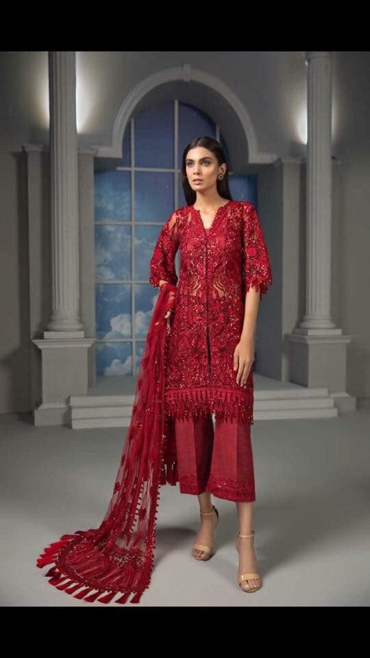 Fancy Designer Dress In Beautifull Red Color.Work Embellished With Sequance Threads And Threads Embroidery.