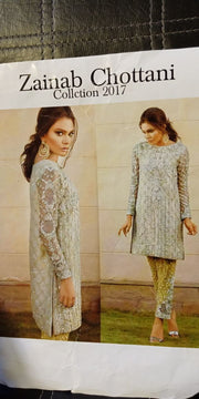 Beautiful chiffon dress in gray silver and mehndi color by Zainab Chotani 