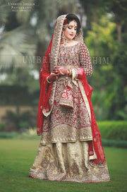 Beautiful bridal lahnga in rose red and golden color