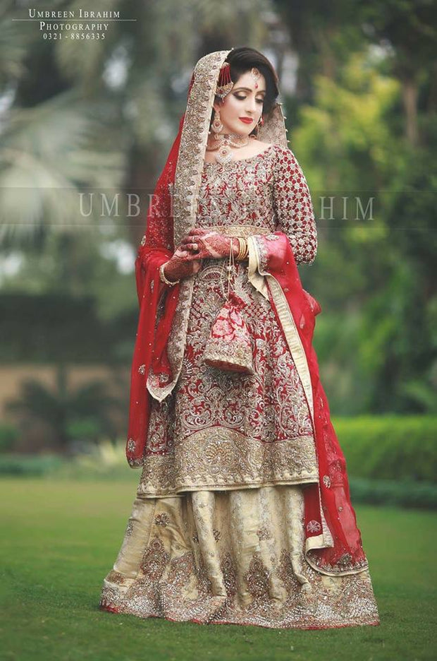 Beautiful bridal lahnga in rose red and golden color