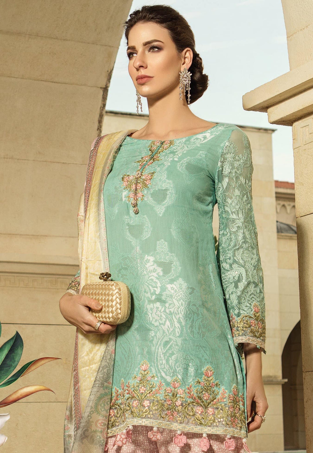Gharara Pants Short Shirt By Maria B In Beutifull Green And Pink Color.Work Embellished With Threads Embroidery And Sequance.