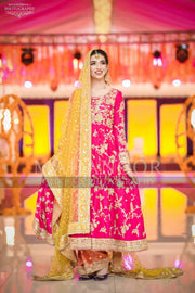 Mehndi Dress Pakistani in Beautiful Shokin Pink,Orange & Yellow Color.  Embellished With Gota, Kinari And Dabka Work.  