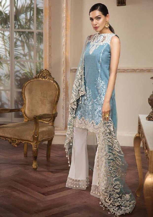 Pakistani Designer Wear By Anaya In Beutifull Light Sky Blue Color.Work Embellished With Pure Dhaga Embroidery And Cutwork Patches.
