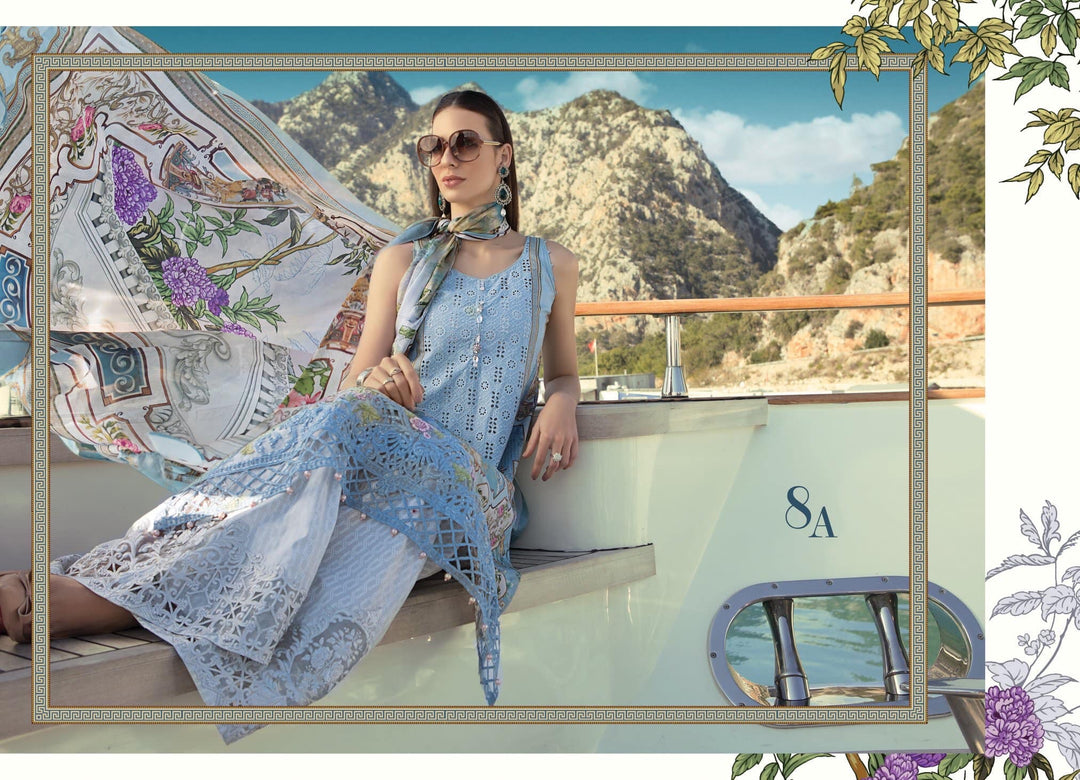 Pakistani Lawn Dress by Maria B In Beutiful Sky Blue Color.Work Embellished With Pure Dhaga Embroidery And Cutwork Patches.