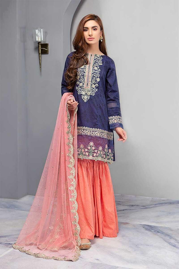 Festive Gharara Suit In Dark Blue Color.Work Embellished With Threads Embroidery And Cutwork Patches.