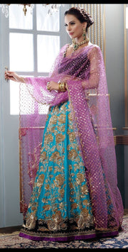 Mehndi Ghagra Choli In Beutifull Turquoise And Perple Color.Work Embaleshed With Sitara,Dabka,And Zari Work.