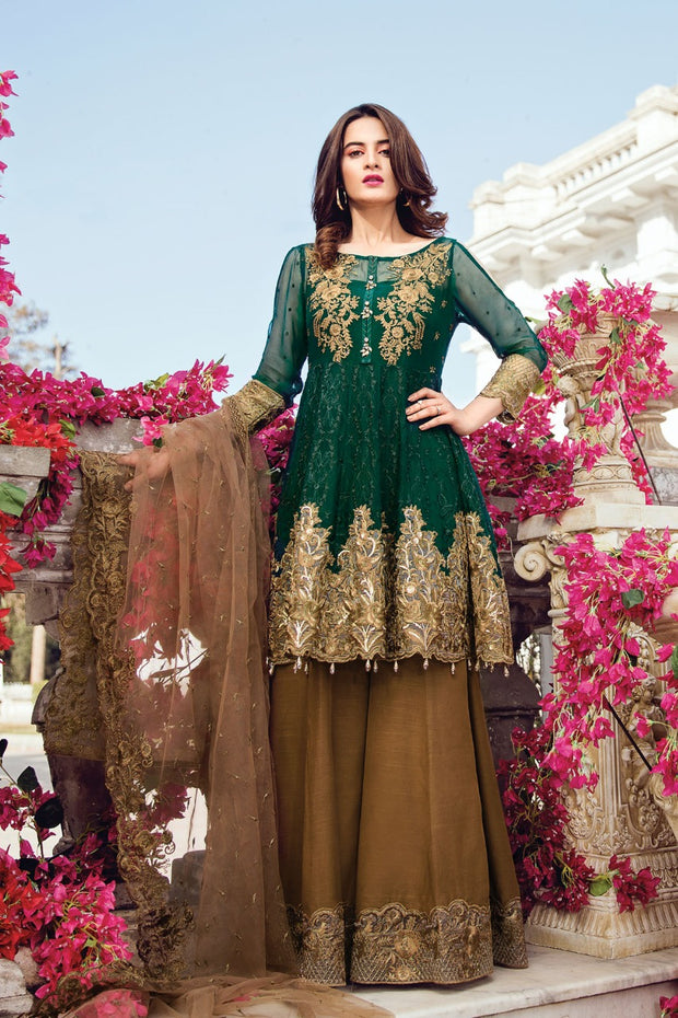 Beutifull chiffon dress in dark bottle green color Model# C 1223