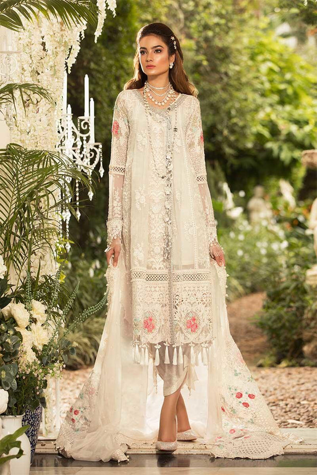 Pearl White Floral Dress By Maria B.Work Embellished With Pure Dhaga,Sequance,And,Cutwork Patches.