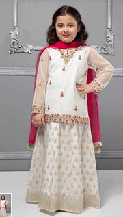 Stylish Kids Lahnga In Off White And Shoking Pink Color.Work Embalished With Multi Threads Embroidery On Shirt Daman,Neckline,And,Sleeves.