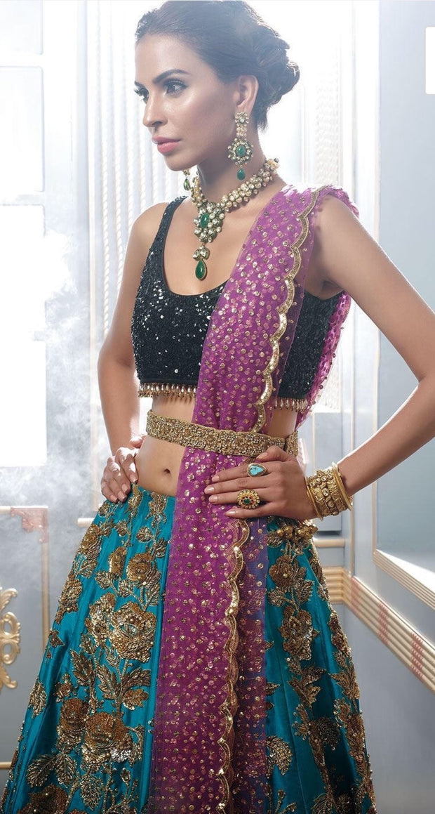 Mehndi Ghagra Choli In Beutifull Turquoise And Perple Color.Work Embaleshed With Sitara,Dabka,And Zari Work.