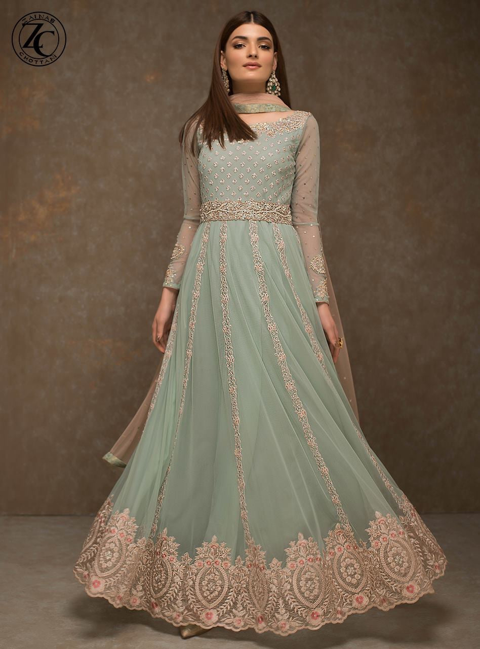 Indian Anarkali Frock In Turquoise And Baby Pink Color.Work Embleshid With Dabka Dhaga,Zari Pearls And Stone Work.