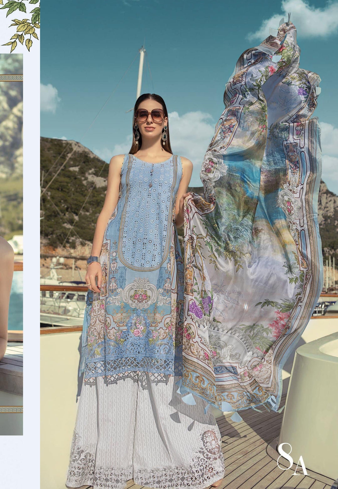 Pakistani Lawn Dress by Maria B In Beutiful Sky Blue Color.Work Embellished With Pure Dhaga Embroidery And Cutwork Patches.