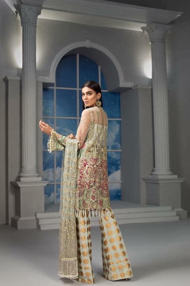 Stylish Pakistani Dress In Pistachio Green Color.With Tilla,Threads,And Handwork Embellishments