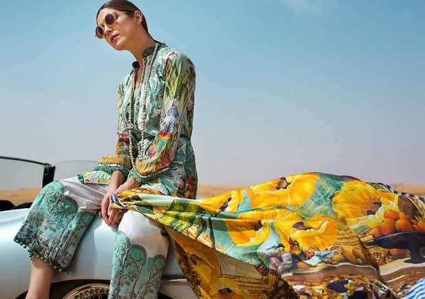 Beutifull lawn dress by crimson in aqua green and yellow color Model # L 1210
