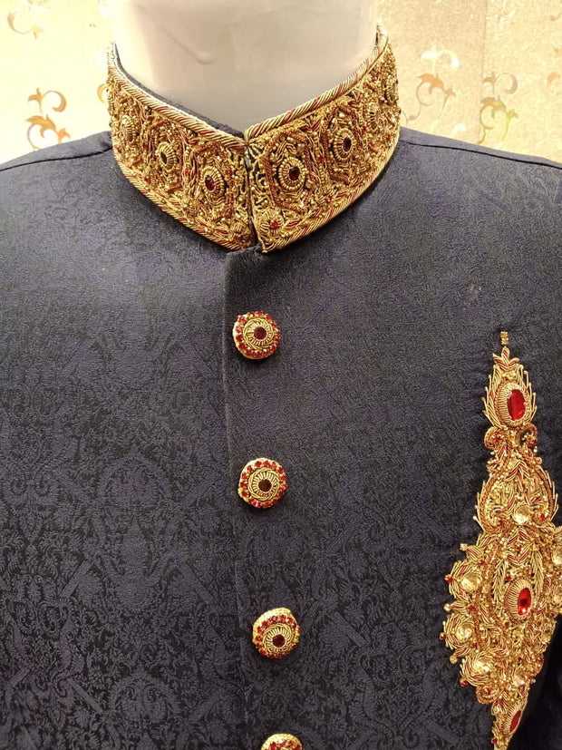 Latest Sherwani In Blue Jamawar Fabric.work Embellished With Ban,Cuff And Buttons With Pure Dabka,Zari,Zardozi & Stone Work.