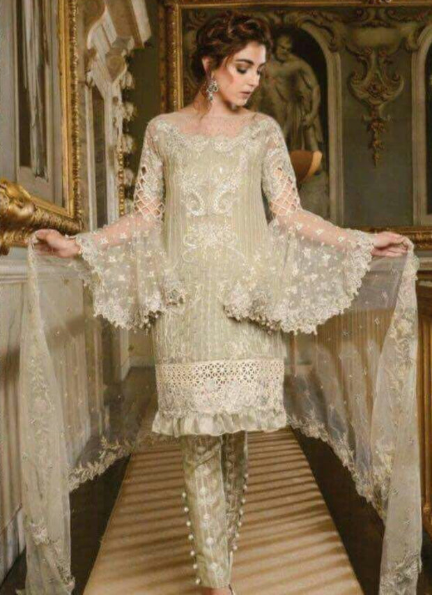 Pakistani Designer Dress Chiffon by Maria B With Threads Embroidery Sequence  Cut Work patches   Model # C1121