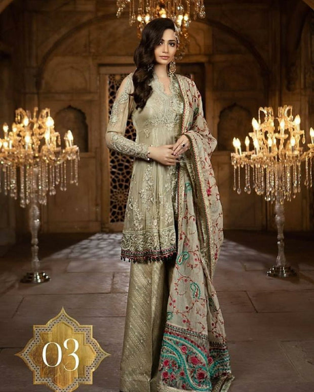 Short Frock With Palazzo by Maria B in skin gold color Model C 1629