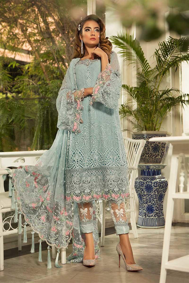 Pakistani Classy Festive Dress In light Sky Blue Color. Work Embellished With Chiken Kari Work Cutwork Threads Floral Embroidery.