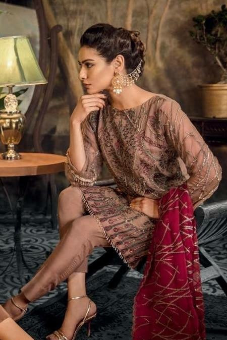 Stylish Asian Dress By Iznik In Chiffon Fabric Work Embalished With Tilla Threads And Sequence.