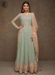 Indian Anarkali Frock In Turquoise And Baby Pink Color.Work Embleshid With Dabka Dhaga,Zari Pearls And Stone Work.
