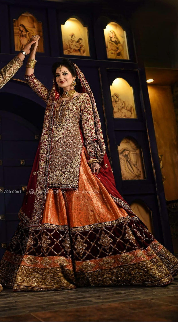 Beutifull bridal lahnga in orange and red color Model # B 908