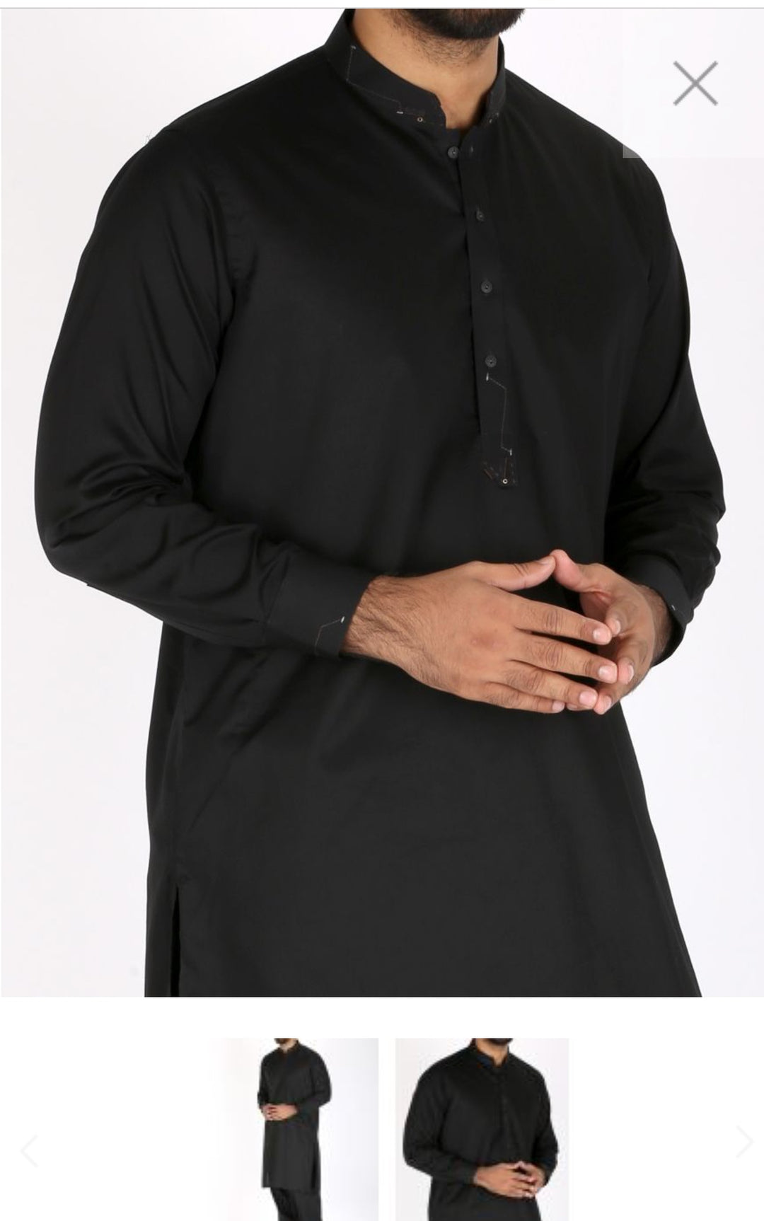 Black Men Suit By Junaid Jamshed. Work Embellished Plain Haming On Neck Collar And Sleeves Cuffs.