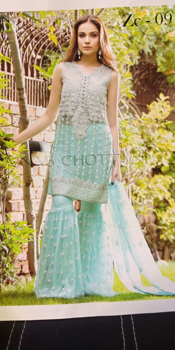 Beautiful chiffon dress by Zainab Chotani in ferozee turquoise color 