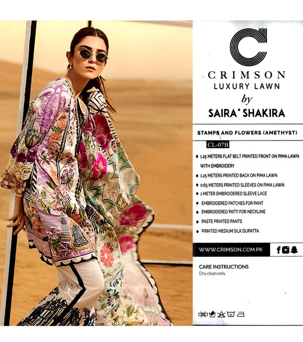 Beutifull lawn dress by crimson in white pink and laylac color Model # L 1209