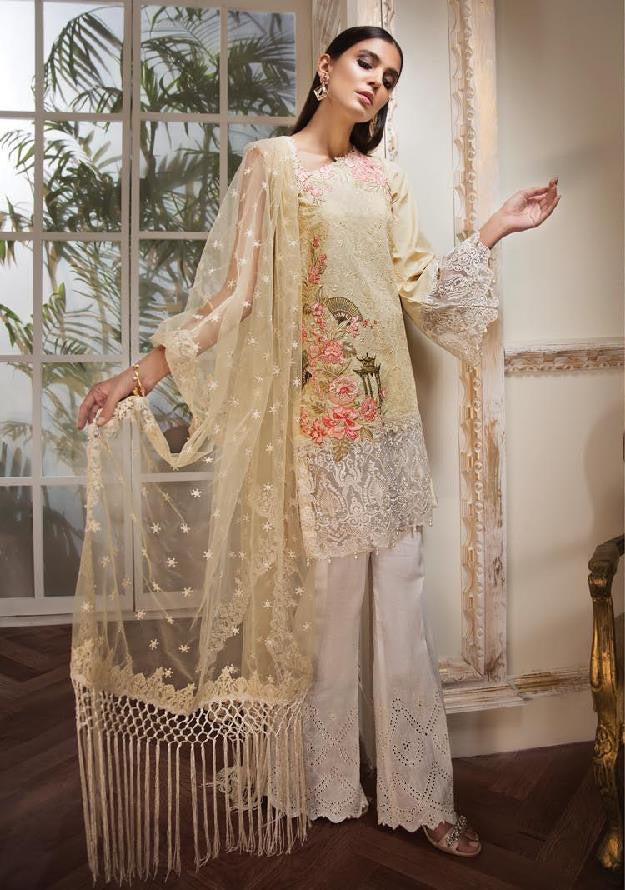 Stylish Designer Lawn Dress By Anaya In Beutifull light Yellow And White Color.Work Embellished With Pure Dhaga Embroidery And Cutwork Patches.