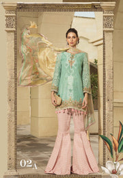 Gharara Pants Short Shirt By Maria B In Beutifull Green And Pink Color.Work Embellished With Threads Embroidery And Sequance.