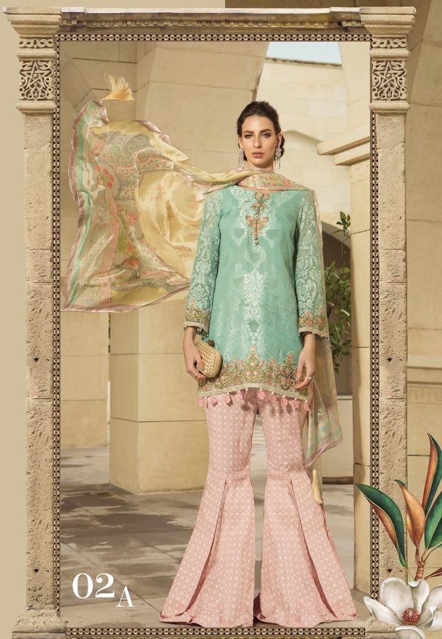 Gharara Pants Short Shirt By Maria B In Beutifull Green And Pink Color.Work Embellished With Threads Embroidery And Sequance.