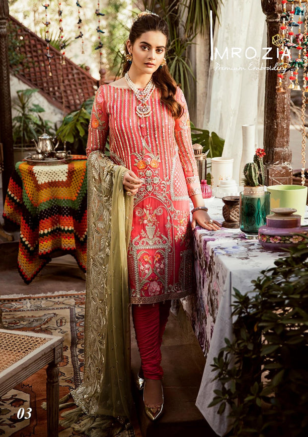 Red Designer Suit By Imrozia.Work Embalished With Threads,Sequance,And Floral Embroidery.