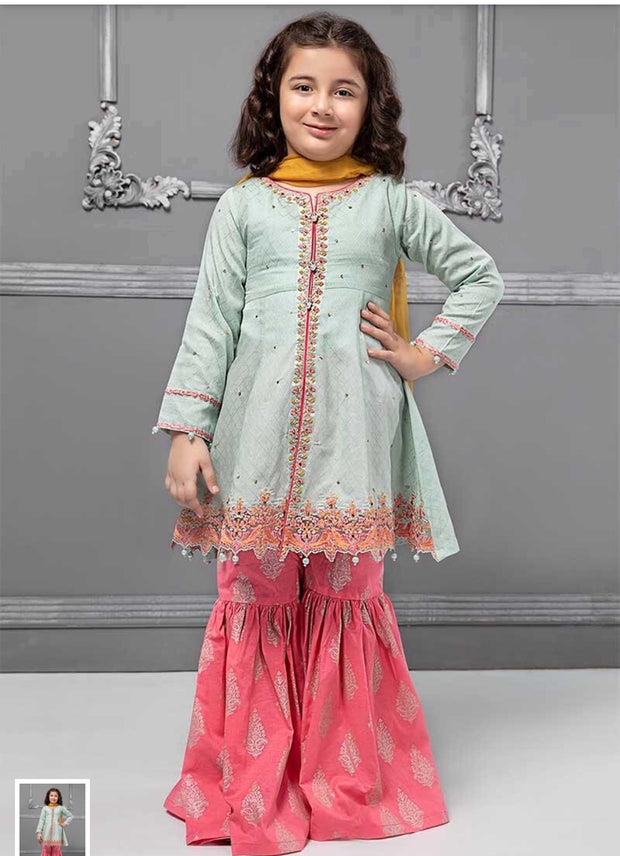 Stylish Kids Dress In Light Green And Pink Color.Work Embalished With Dhaga Embroidery On Shirt Daman And Sleeves.