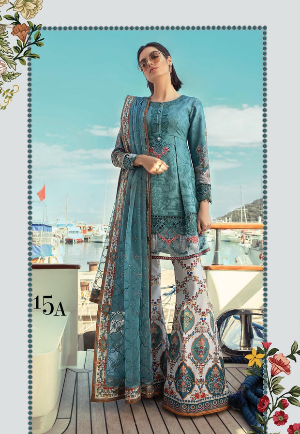 Asian Stylish Lawn Dress by Sobia Nazir In Stylish Paplam Shirt And Boot Pants.Work Embellished With Pure Dhaga Embroidery & Cutwork Patches.