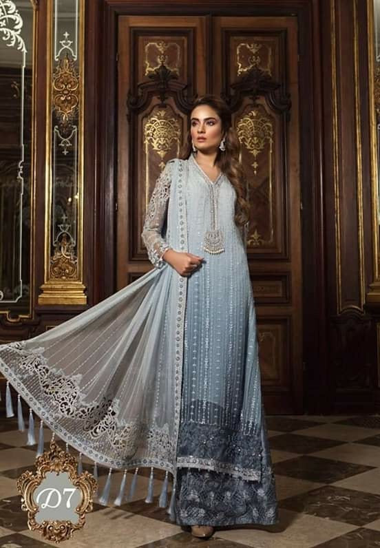 Wedding Long Shirt And Sharara in Light And Dark Gray Color By Maria.B With Sequance,Handwork And Tilla Threads Embroidery.